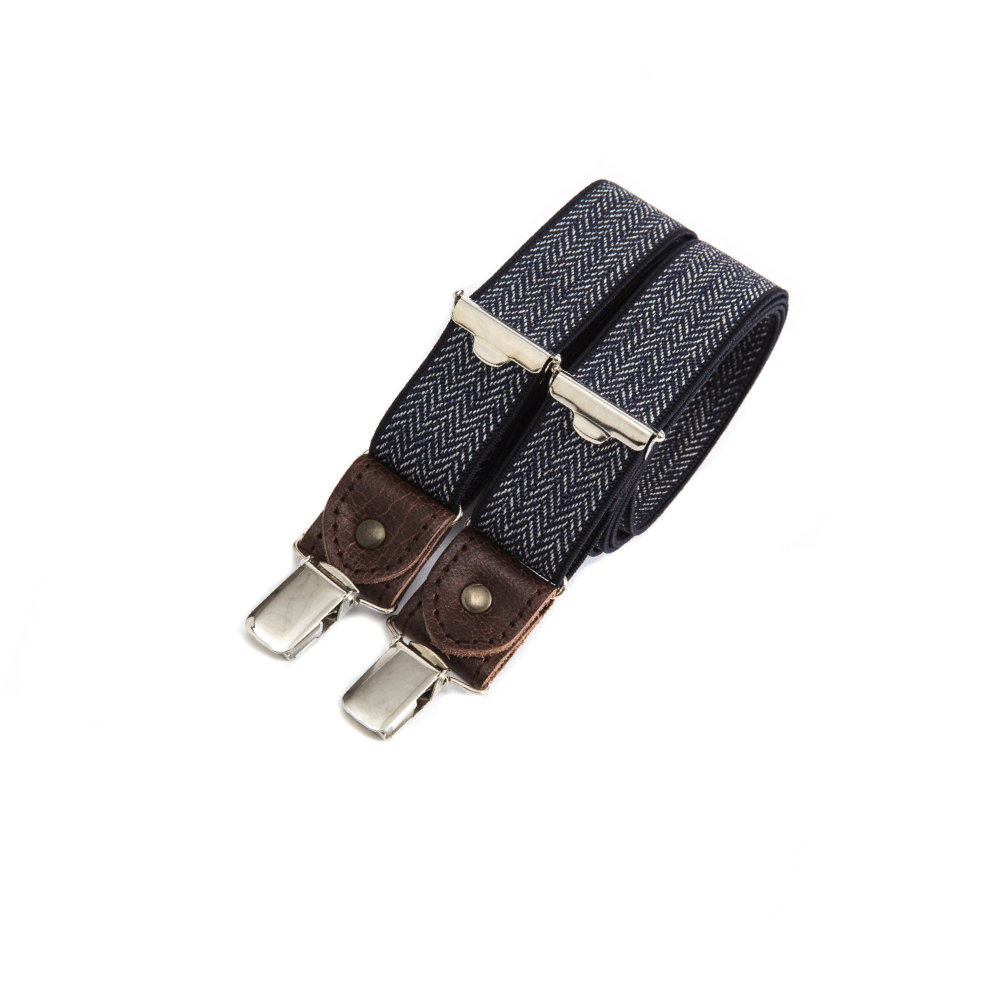 Skinny clip-on suspenders with leather details – Navy chevron